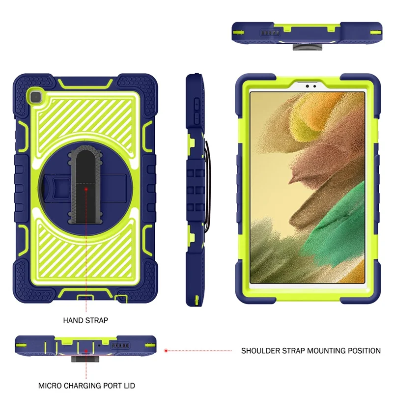 For Samsung Galaxy Tab A7 Lite 8.7-inch Tablet Case Kickstand Anti-Shock Cover with Shoulder Strap - Navy Blue+Yellow Green