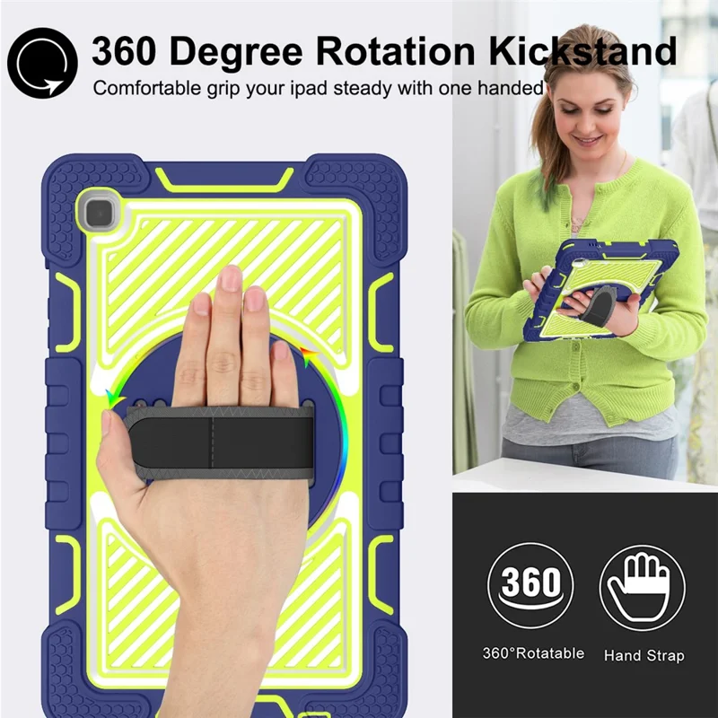 For Samsung Galaxy Tab A7 Lite 8.7-inch Tablet Case Kickstand Anti-Shock Cover with Shoulder Strap - Navy Blue+Yellow Green