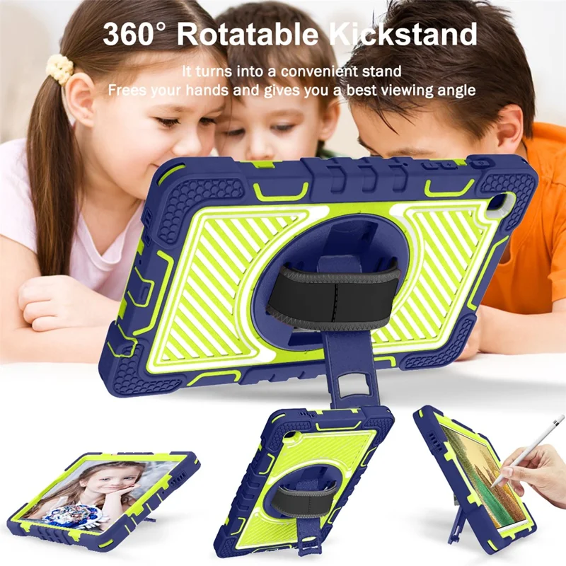For Samsung Galaxy Tab A7 Lite 8.7-inch Tablet Case Kickstand Anti-Shock Cover with Shoulder Strap - Navy Blue+Yellow Green