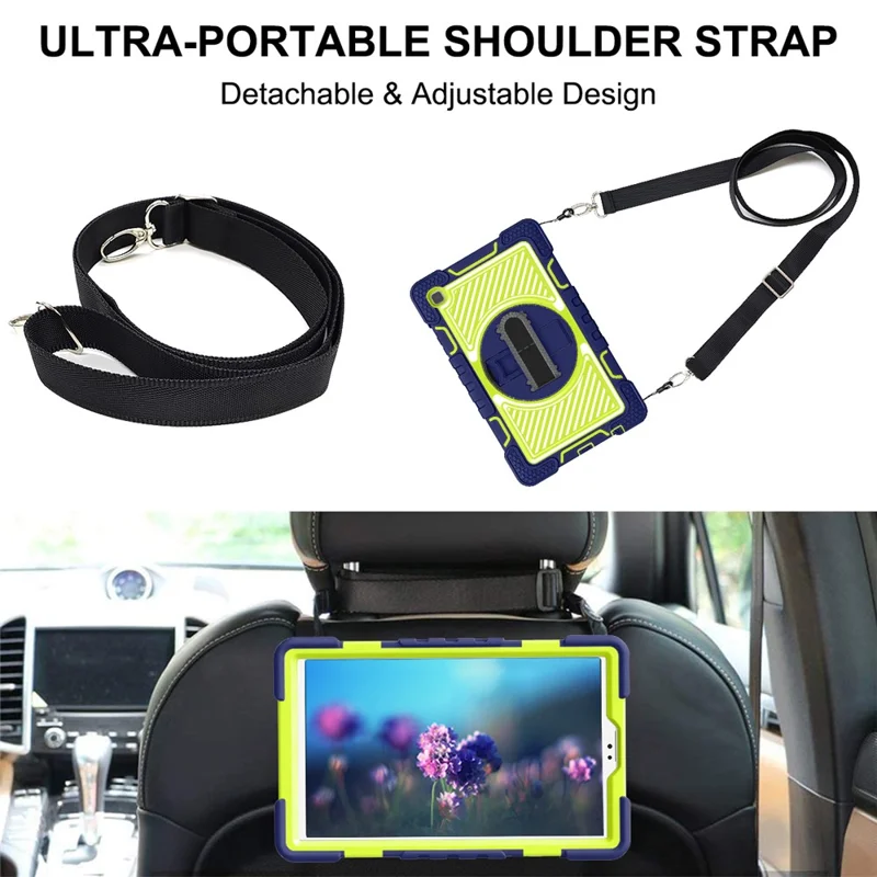 For Samsung Galaxy Tab A7 Lite 8.7-inch Tablet Case Kickstand Anti-Shock Cover with Shoulder Strap - Navy Blue+Yellow Green