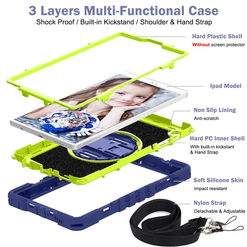 For Samsung Galaxy Tab A7 Lite 8.7-inch Tablet Case Kickstand Anti-Shock Cover with Shoulder Strap - Navy Blue+Yellow Green