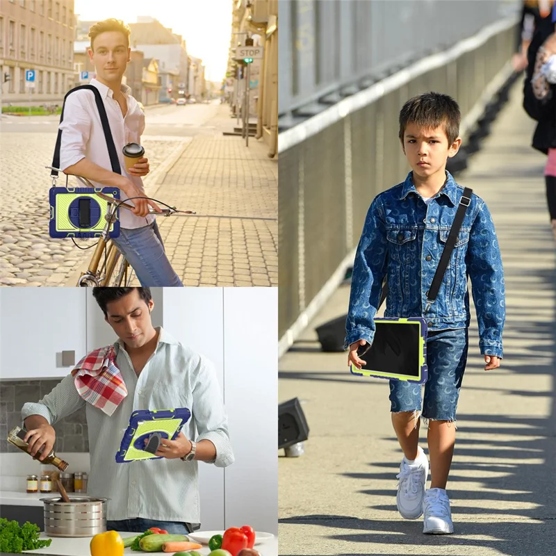 For Samsung Galaxy Tab A7 Lite 8.7-inch Tablet Case Kickstand Anti-Shock Cover with Shoulder Strap - Navy Blue+Yellow Green