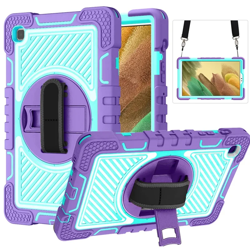 For Samsung Galaxy Tab A7 Lite 8.7-inch Tablet Case Kickstand Anti-Shock Cover with Shoulder Strap - Purple+Mint Green