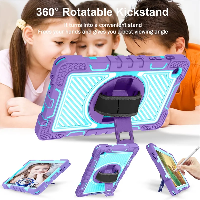 For Samsung Galaxy Tab A7 Lite 8.7-inch Tablet Case Kickstand Anti-Shock Cover with Shoulder Strap - Purple+Mint Green
