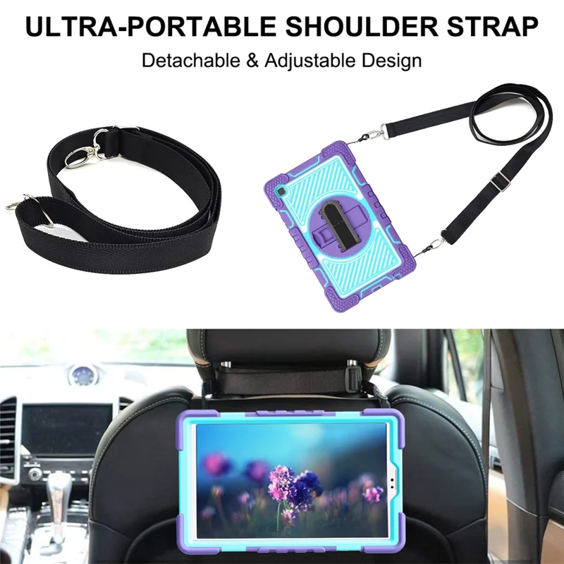 For Samsung Galaxy Tab A7 Lite 8.7-inch Tablet Case Kickstand Anti-Shock Cover with Shoulder Strap - Purple+Mint Green