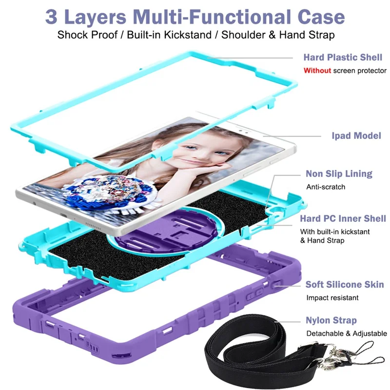 For Samsung Galaxy Tab A7 Lite 8.7-inch Tablet Case Kickstand Anti-Shock Cover with Shoulder Strap - Purple+Mint Green
