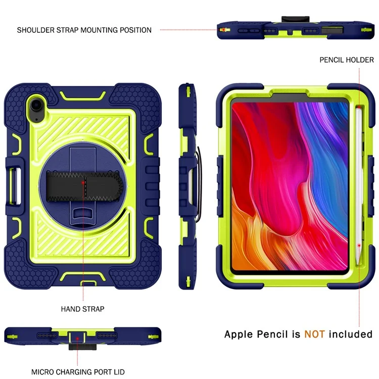 Hand Strap Kickstand for iPad mini (2024) / mini (2021) Tablet Case with Shoulder Strap - Navy Blue+Yellow Green