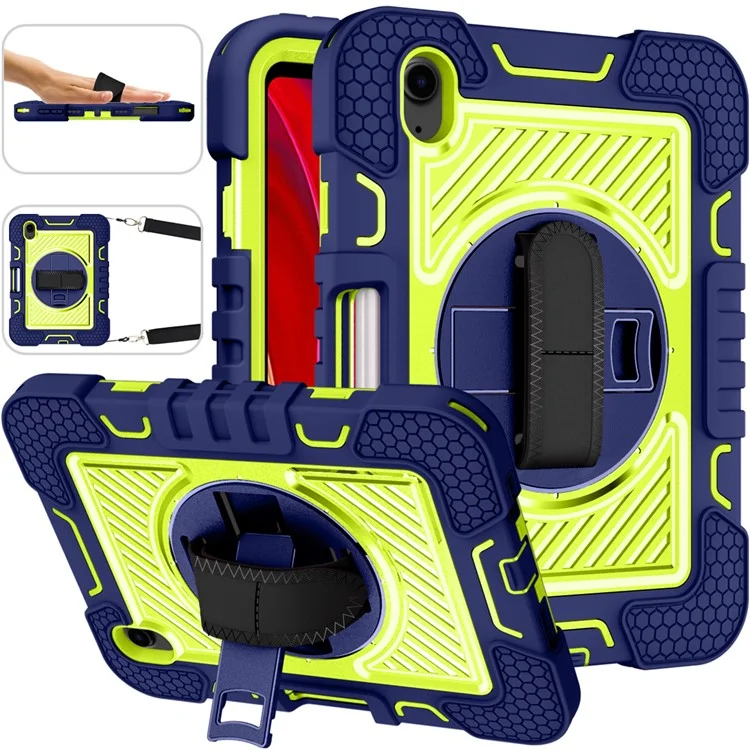 Hand Strap Kickstand for iPad mini (2024) / mini (2021) Tablet Case with Shoulder Strap - Navy Blue+Yellow Green
