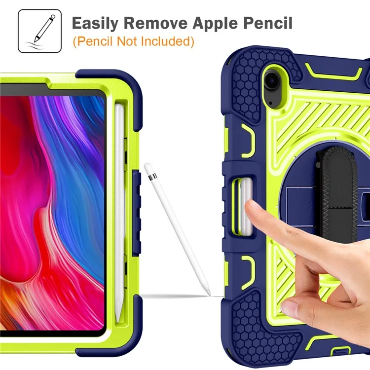 Hand Strap Kickstand for iPad mini (2024) / mini (2021) Tablet Case with Shoulder Strap - Navy Blue+Yellow Green