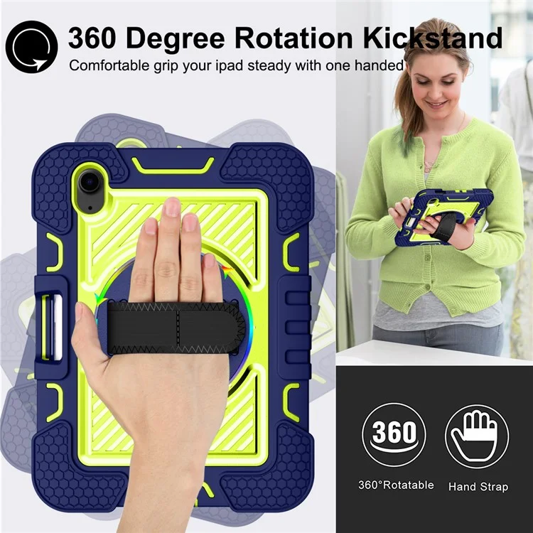 Hand Strap Kickstand for iPad mini (2024) / mini (2021) Tablet Case with Shoulder Strap - Navy Blue+Yellow Green