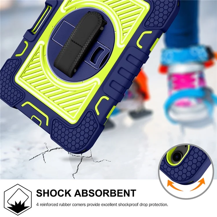 Hand Strap Kickstand for iPad mini (2024) / mini (2021) Tablet Case with Shoulder Strap - Navy Blue+Yellow Green