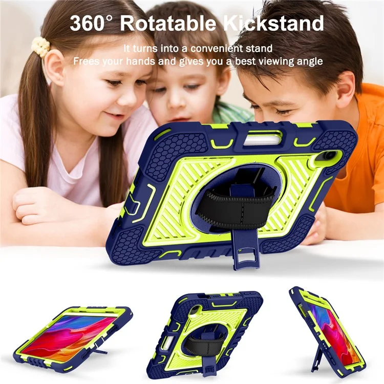 Hand Strap Kickstand for iPad mini (2024) / mini (2021) Tablet Case with Shoulder Strap - Navy Blue+Yellow Green