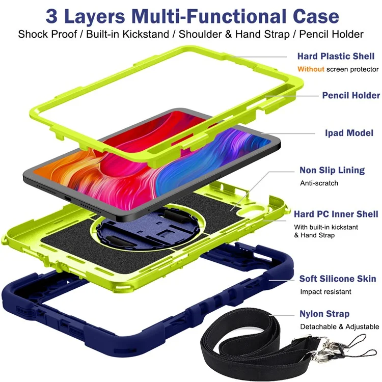 Hand Strap Kickstand for iPad mini (2024) / mini (2021) Tablet Case with Shoulder Strap - Navy Blue+Yellow Green