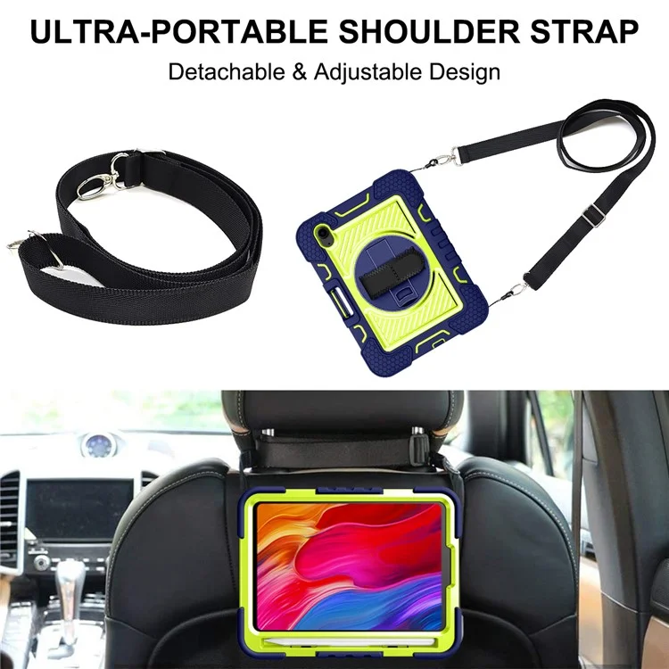 Hand Strap Kickstand for iPad mini (2024) / mini (2021) Tablet Case with Shoulder Strap - Navy Blue+Yellow Green