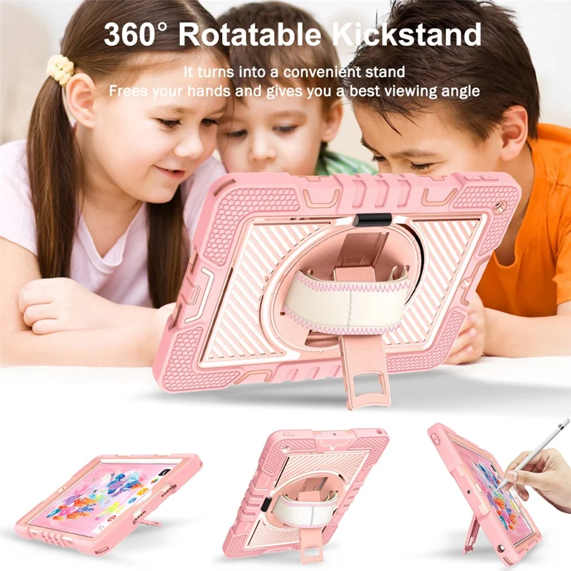 Für iPad 9,7 Zoll (2017) / (2018) Tablet-Hülle stoßfeste Ständerhalterung mit Schultergurt - Roségold