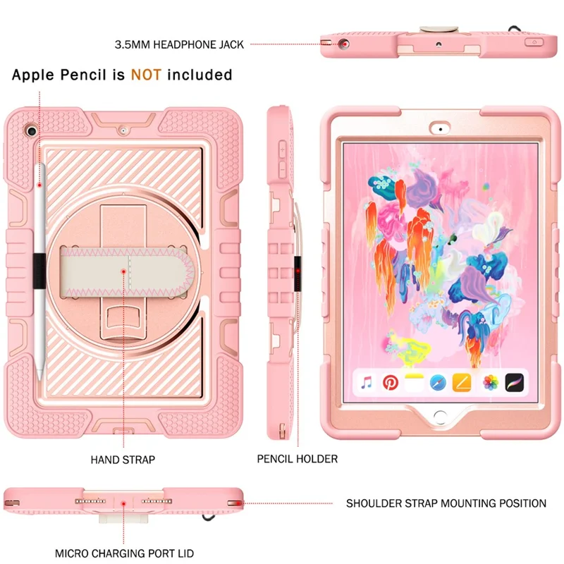 Für iPad 9,7 Zoll (2017) / (2018) Tablet-Hülle stoßfeste Ständerhalterung mit Schultergurt - Roségold