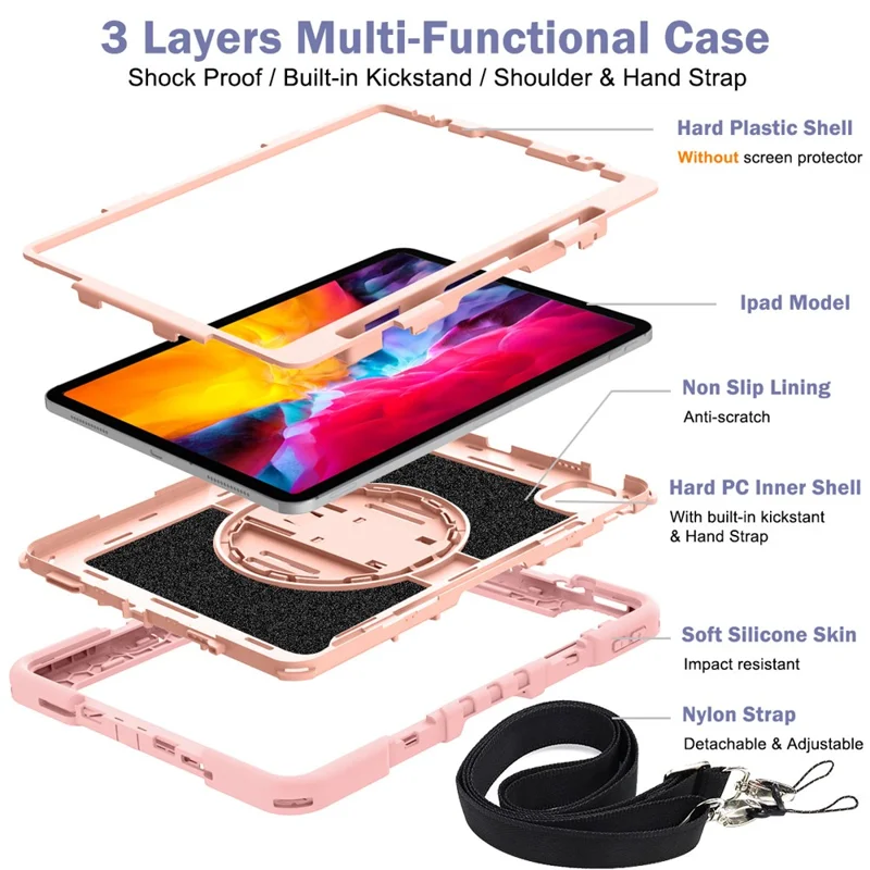 für ipad air (2020) /(2022) / ipad pro 11 (2018) /(2020) /(2021) /(2022) tablet kickstand hülle mit schultergurt - roségold