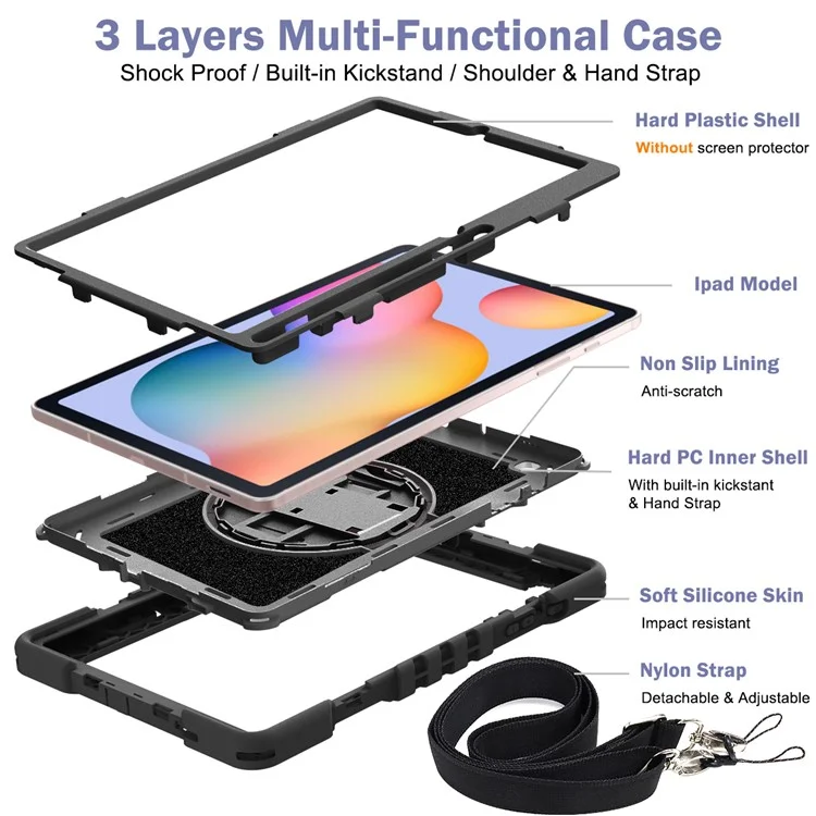Pour Samsung Galaxy Tab S6 Lite (2024) / S6 Lite (2022) / S6 Lite (2020) Kickstand Tablet Case avec Bandoulière - Tout Noir