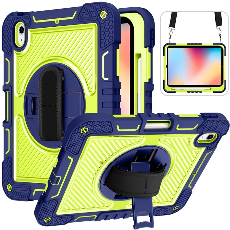 Für iPad 10.9 (2022) Hülle mit Standfuß, stoßfest, Tablet-Abdeckung mit Schultergurt - Navy Blue+Yellow Green