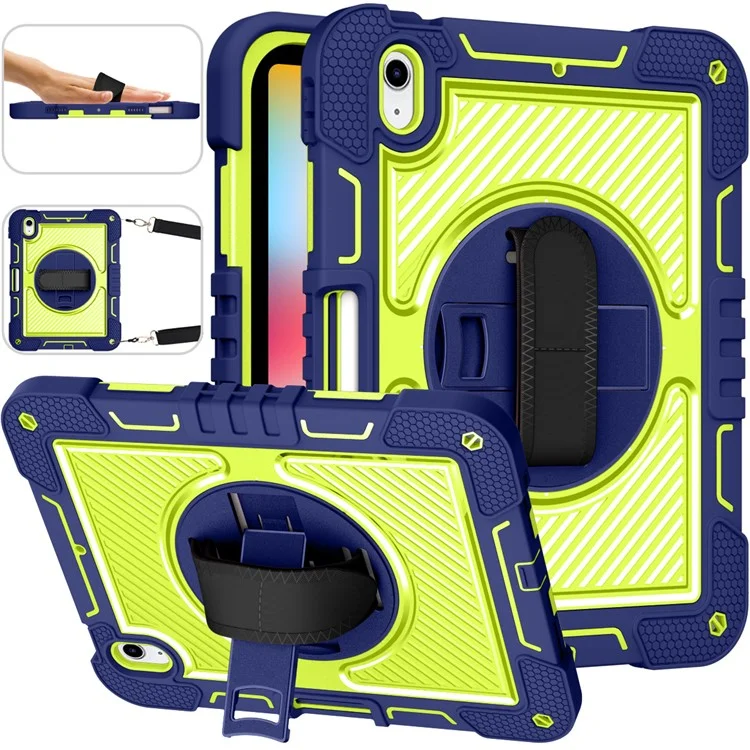 Für iPad 10.9 (2022) Hülle mit Standfuß, stoßfest, Tablet-Abdeckung mit Schultergurt - Navy Blue+Yellow Green