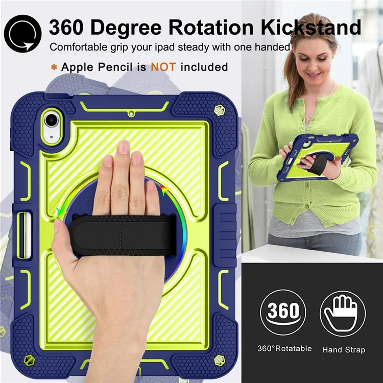Für iPad 10.9 (2022) Hülle mit Standfuß, stoßfest, Tablet-Abdeckung mit Schultergurt - Navy Blue+Yellow Green