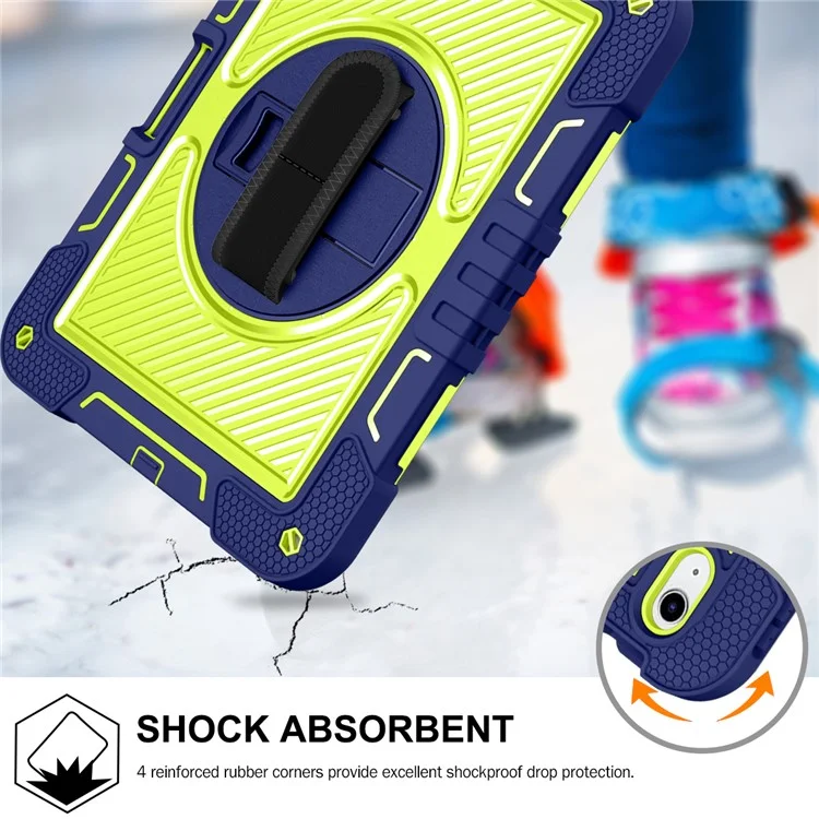 Für iPad 10.9 (2022) Hülle mit Standfuß, stoßfest, Tablet-Abdeckung mit Schultergurt - Navy Blue+Yellow Green