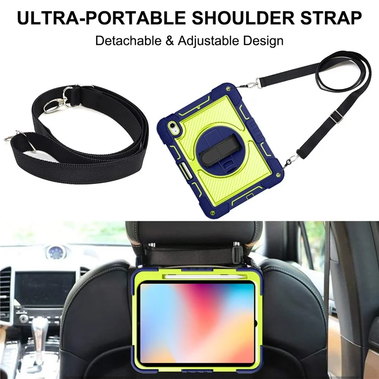 Für iPad 10.9 (2022) Hülle mit Standfuß, stoßfest, Tablet-Abdeckung mit Schultergurt - Navy Blue+Yellow Green