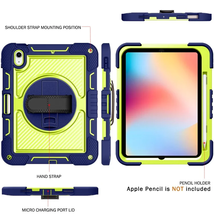 Für iPad 10.9 (2022) Hülle mit Standfuß, stoßfest, Tablet-Abdeckung mit Schultergurt - Navy Blue+Yellow Green