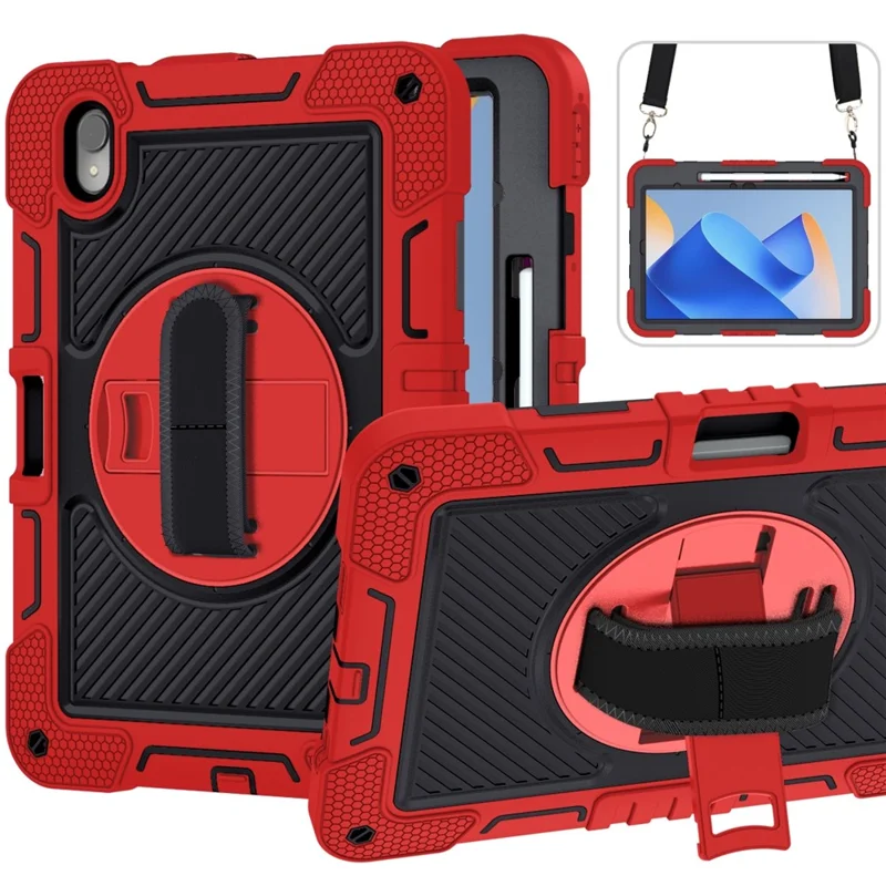 For Huawei MatePad 11 (2023) Tablet Case Shockproof Cover with Kickstand Shoulder Strap - Red+Black