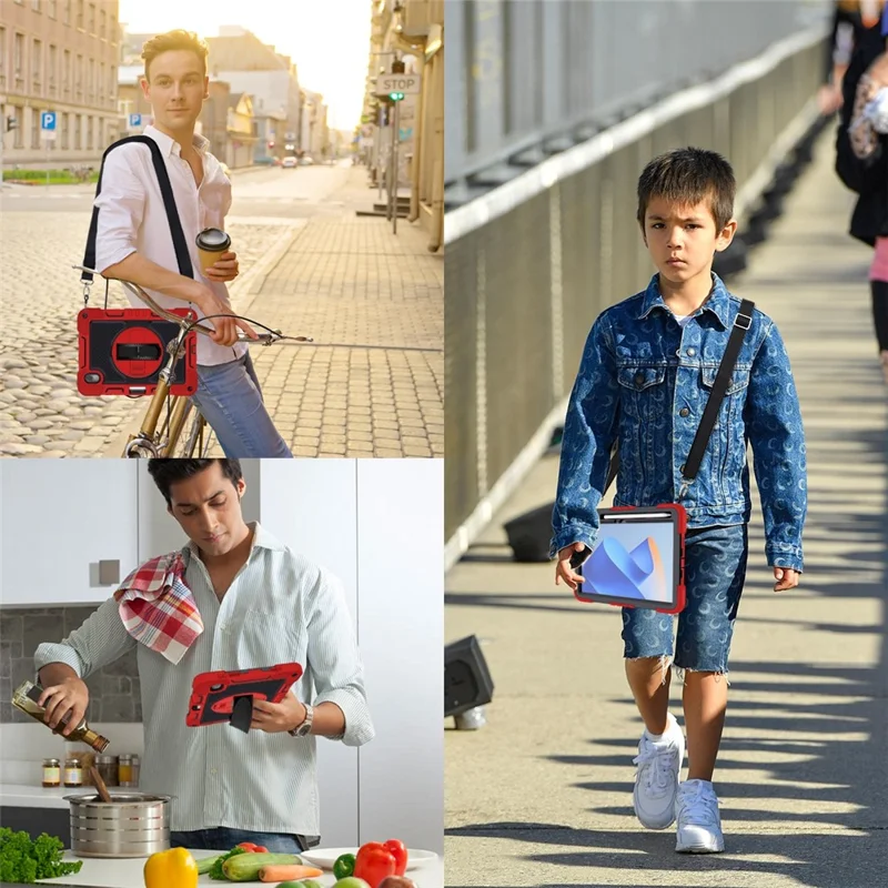 For Huawei MatePad 11 (2023) Tablet Case Shockproof Cover with Kickstand Shoulder Strap - Red+Black