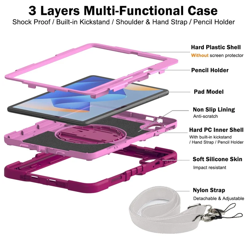 For Huawei MatePad 11 (2023) Tablet Case Shockproof Cover with Kickstand Shoulder Strap - Rose+Pink