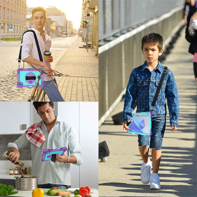Für Huawei MatePad 11 (2023) Tablet-Hülle, stoßfeste Abdeckung mit Ständer und Schultergurt - Lila+Mintgrün