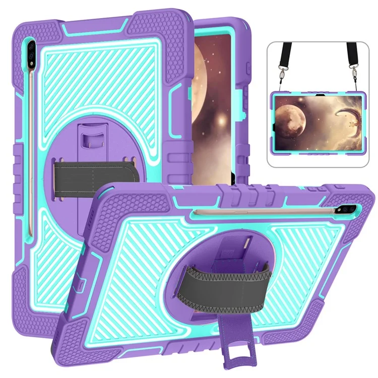 Para Samsung Galaxy Tab S7 / S8 Crossbody Tablet Case Shoulder Strap Rotary Kickstand - Púrpura+Verde Menta