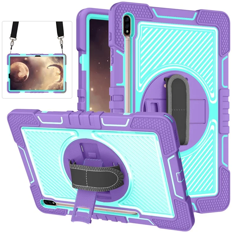 Para Samsung Galaxy Tab S7 / S8 Crossbody Tablet Case Shoulder Strap Rotary Kickstand - Púrpura+Verde Menta