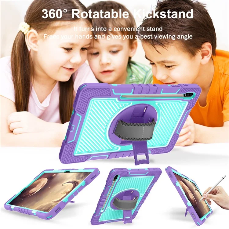 Para Samsung Galaxy Tab S7 / S8 Crossbody Tablet Case Shoulder Strap Rotary Kickstand - Púrpura+Verde Menta