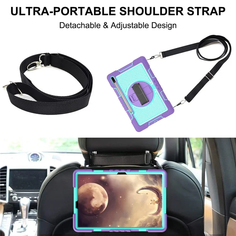 Para Samsung Galaxy Tab S7 / S8 Crossbody Tablet Case Shoulder Strap Rotary Kickstand - Púrpura+Verde Menta
