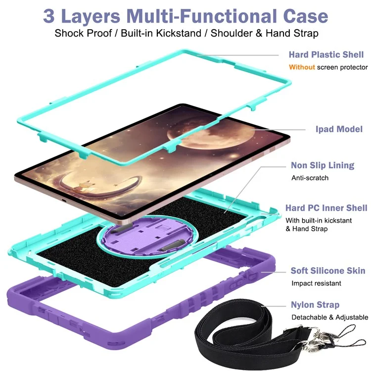 Für Samsung Galaxy Tab S7 / S8 Crossbody Tablet Case Schultergurt Rotary Kickstand - Lila+mintgrün