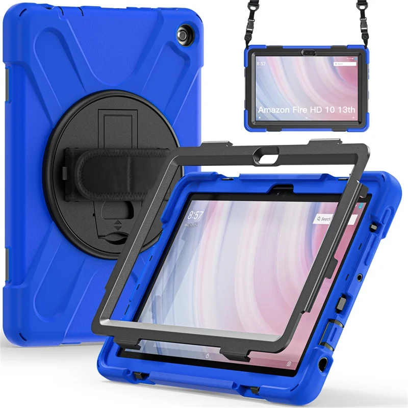 For Amazon Fire HD 10 (2023) Protective Cover Kickstand Tablet Case with Hand Strap / Shoulder Strap - Blue