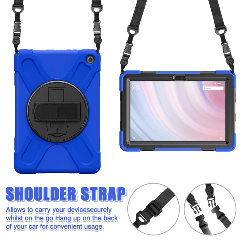 For Amazon Fire HD 10 (2023) Protective Cover Kickstand Tablet Case with Hand Strap / Shoulder Strap - Blue