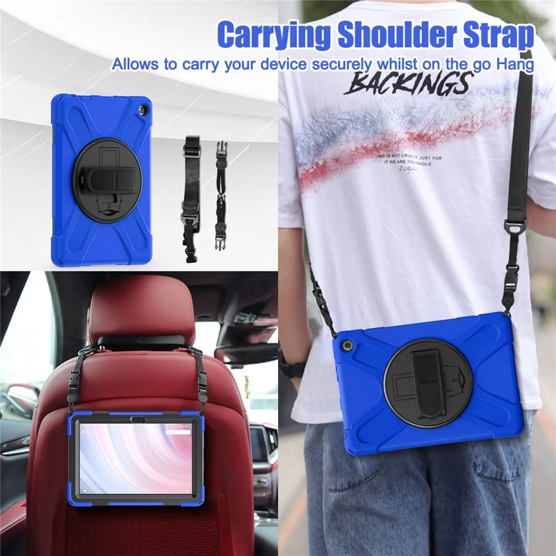 For Amazon Fire HD 10 (2023) Protective Cover Kickstand Tablet Case with Hand Strap / Shoulder Strap - Blue