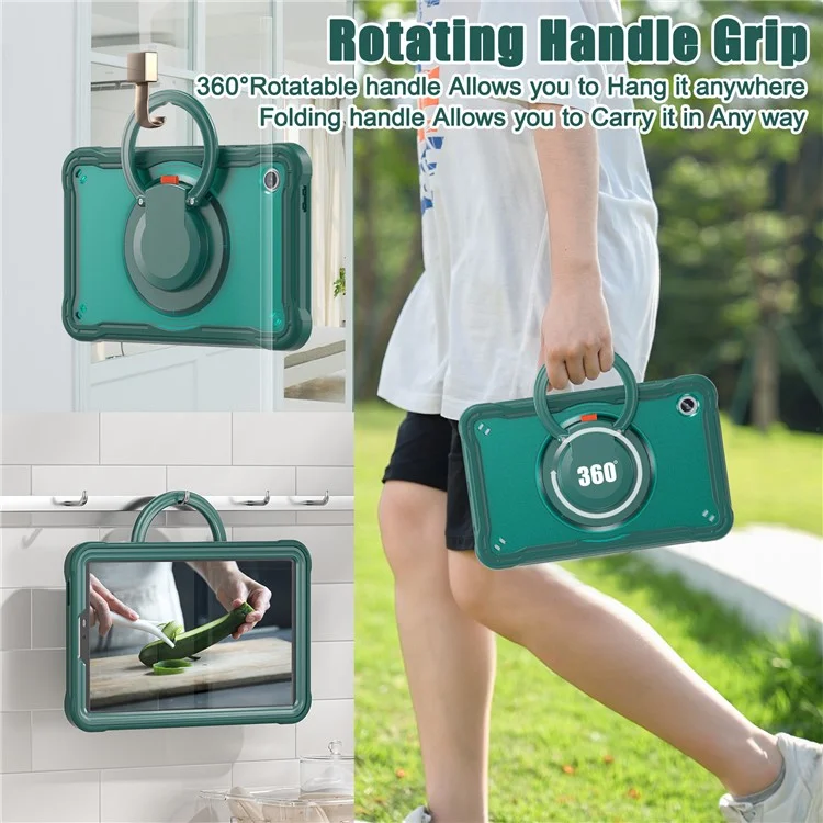 Für Samsung Galaxy Tab A9 SM-X110 / X115 / X117 Kickstand Case Tablet Cover Rotating Handle Grip - Midnight Green
