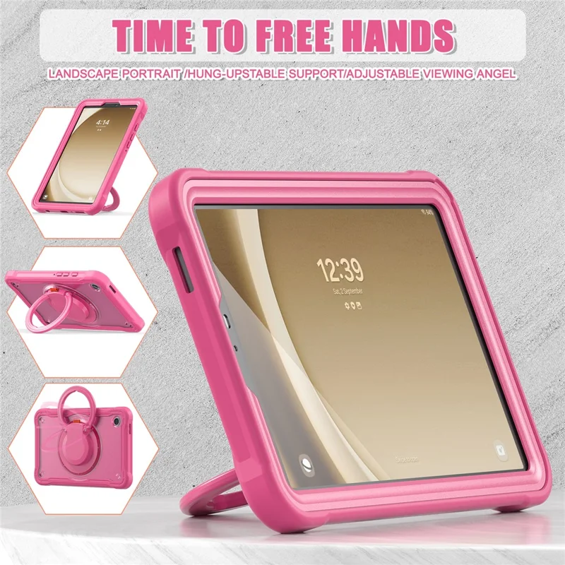 For Samsung Galaxy Tab A9 SM-X110 / X115 / X117 Kickstand Case Tablet Cover Rotating Handle Grip - Rose