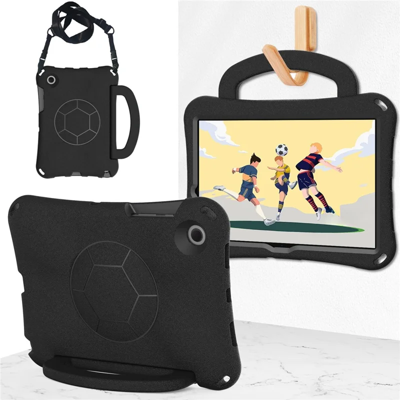 For Samsung Galaxy Tab A8 10.5 (2021) / (2022) EVA Case Soccer Pattern Handle Kickstand Shoulder Strap Cover - Black