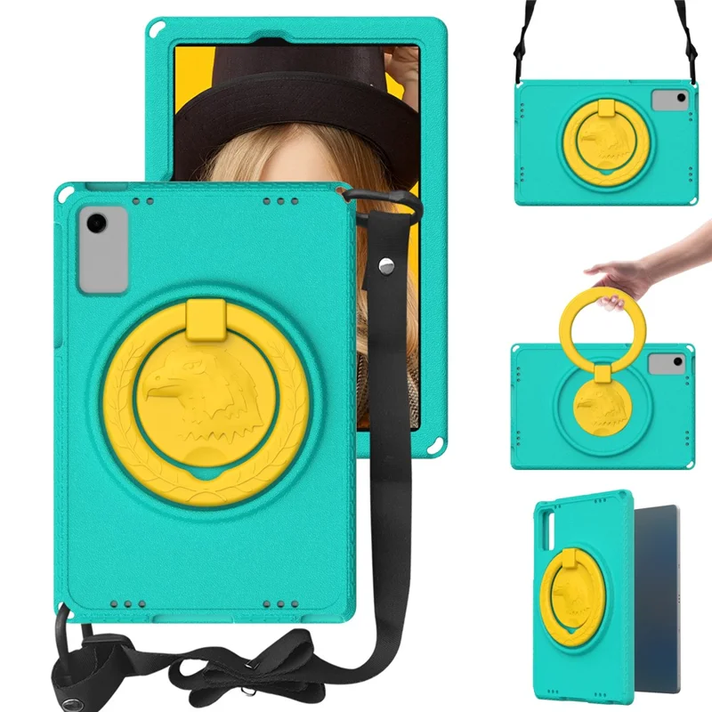 For Samsung Galaxy Tab A11+ / A9+ Eagle Pattern Case Rotating Grip Handle Kickstand Cover with Shoulder Strap - Light Green