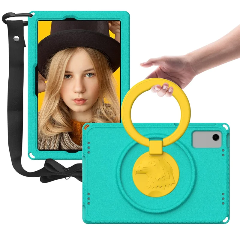 For Samsung Galaxy Tab A11+ / A9+ Eagle Pattern Case Rotating Grip Handle Kickstand Cover with Shoulder Strap - Light Green