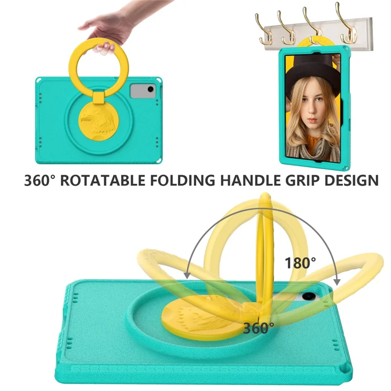 For Samsung Galaxy Tab A11+ / A9+ Eagle Pattern Case Rotating Grip Handle Kickstand Cover with Shoulder Strap - Light Green