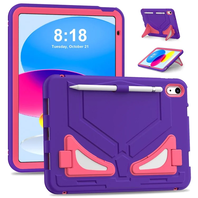 For iPad (2025) / 10.9 (2022) Leopard Style Case Rugged Drop Protection Cover with Kickstand - Purple+Rose