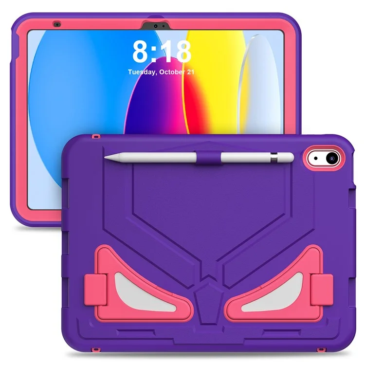 For iPad (2025) / 10.9 (2022) Leopard Style Case Rugged Drop Protection Cover with Kickstand - Purple+Rose