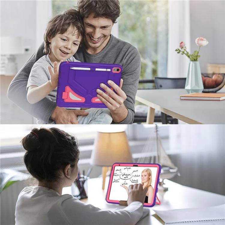 For iPad (2025) / 10.9 (2022) Leopard Style Case Rugged Drop Protection Cover with Kickstand - Purple+Rose