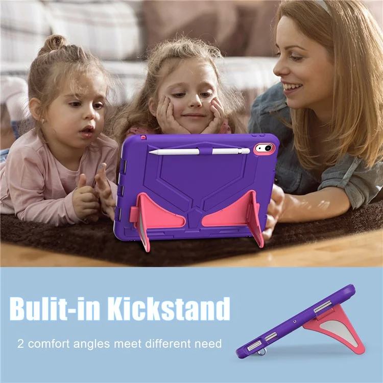 For iPad (2025) / 10.9 (2022) Leopard Style Case Rugged Drop Protection Cover with Kickstand - Purple+Rose